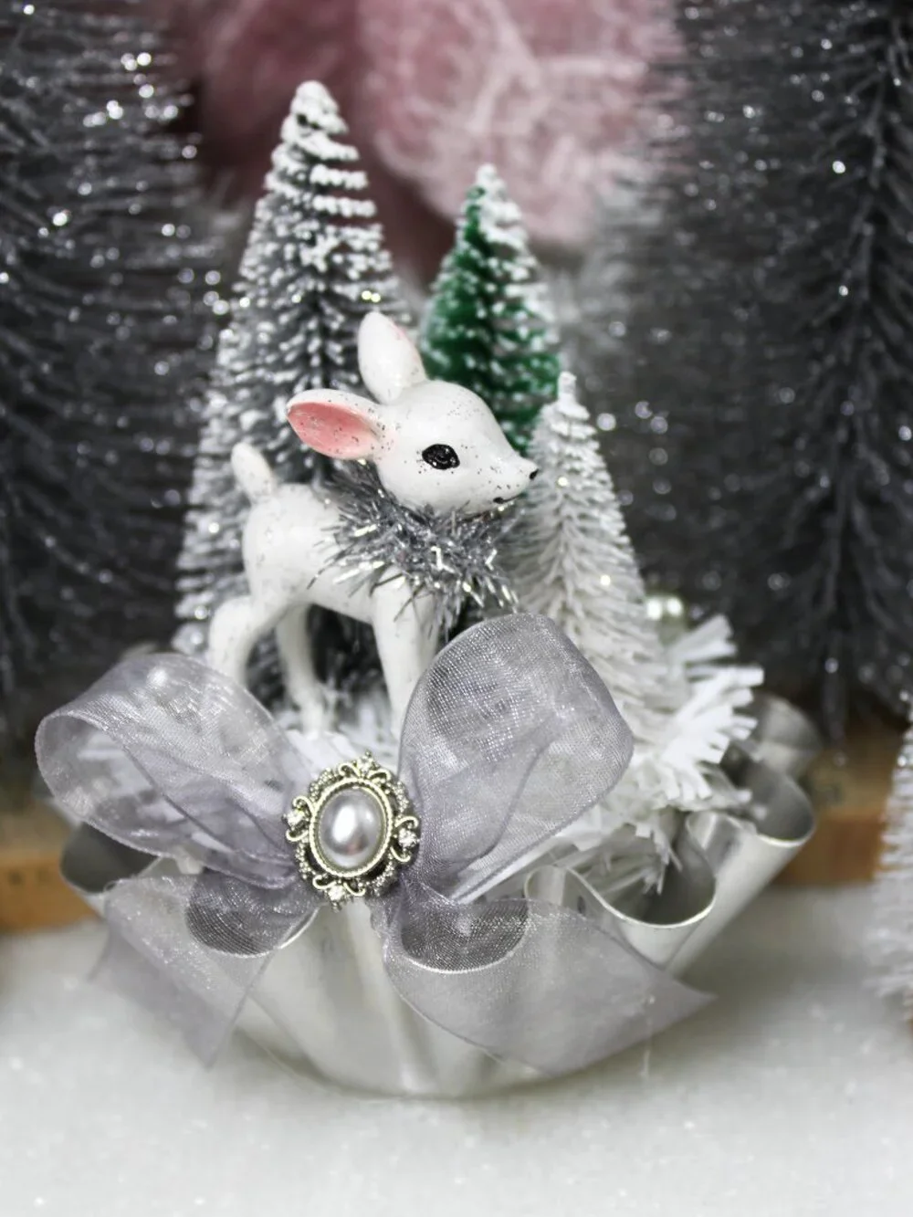 Silver Christmas Assemblage: Retro White Deer Bottle Brush Trees Vintage Tin